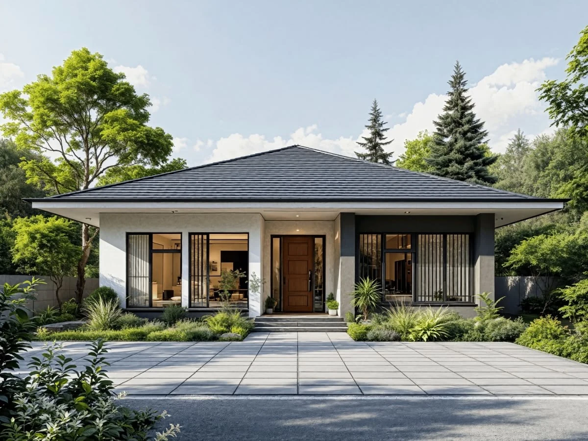 Phối cảnh nhà vườn 1 tầng mái Nhật hiện đại, cửa kính lớn, cửa gỗ trung tâm và sân vườn xanh phía trước.
