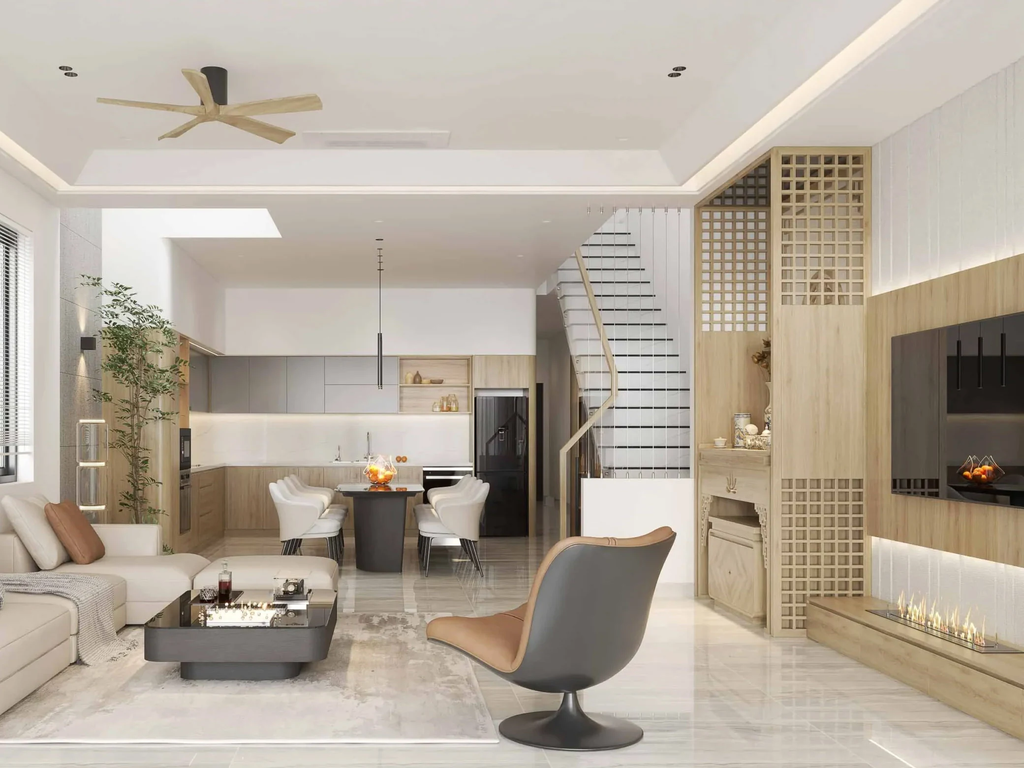 Phòng khách và bếp liên thông thiết kế hiện đại với sofa kem, bàn ăn và cầu thang.