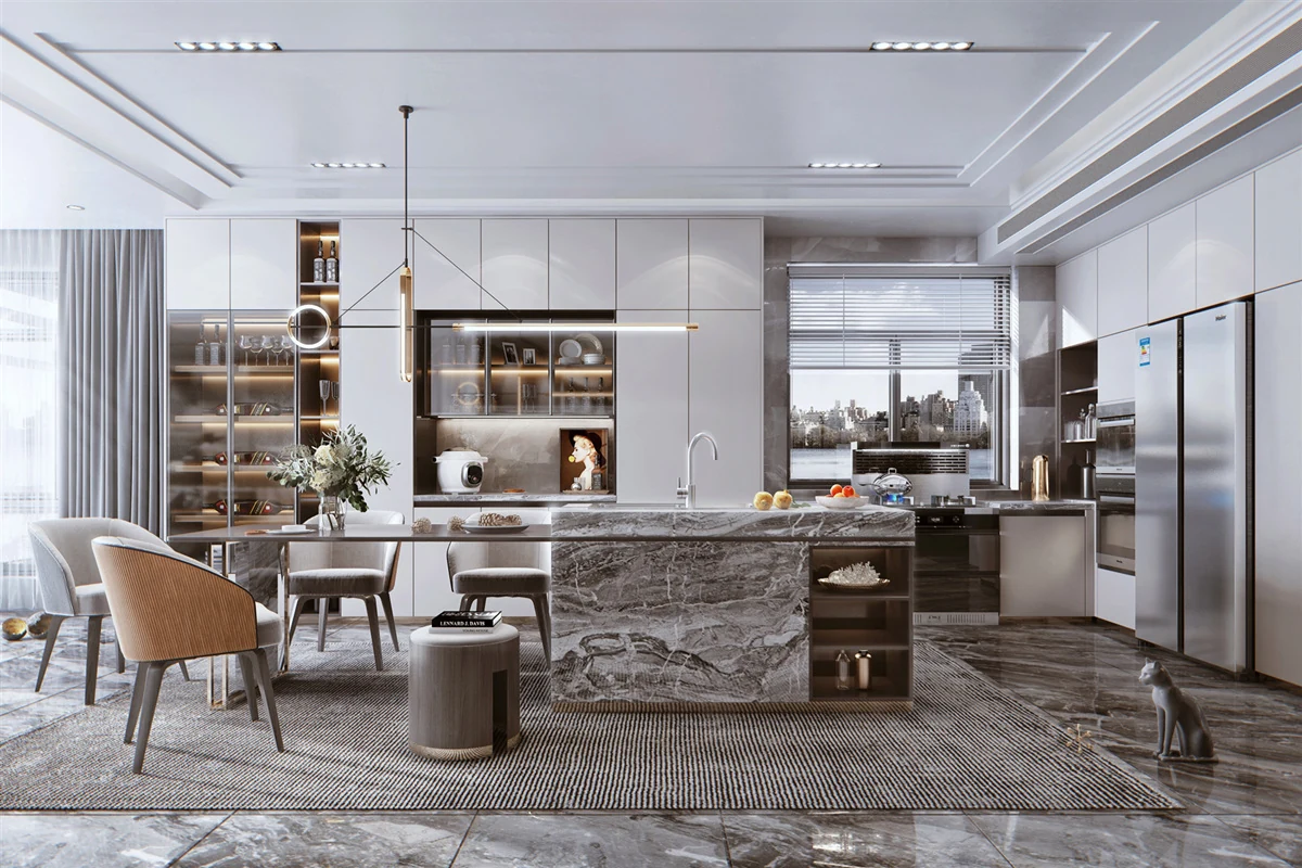 Phòng bếp hiện đại với đảo bếp ốp đá marble vân xám, bàn ăn liền kề và hệ tủ bếp màu trắng kịch trần sang trọng.
