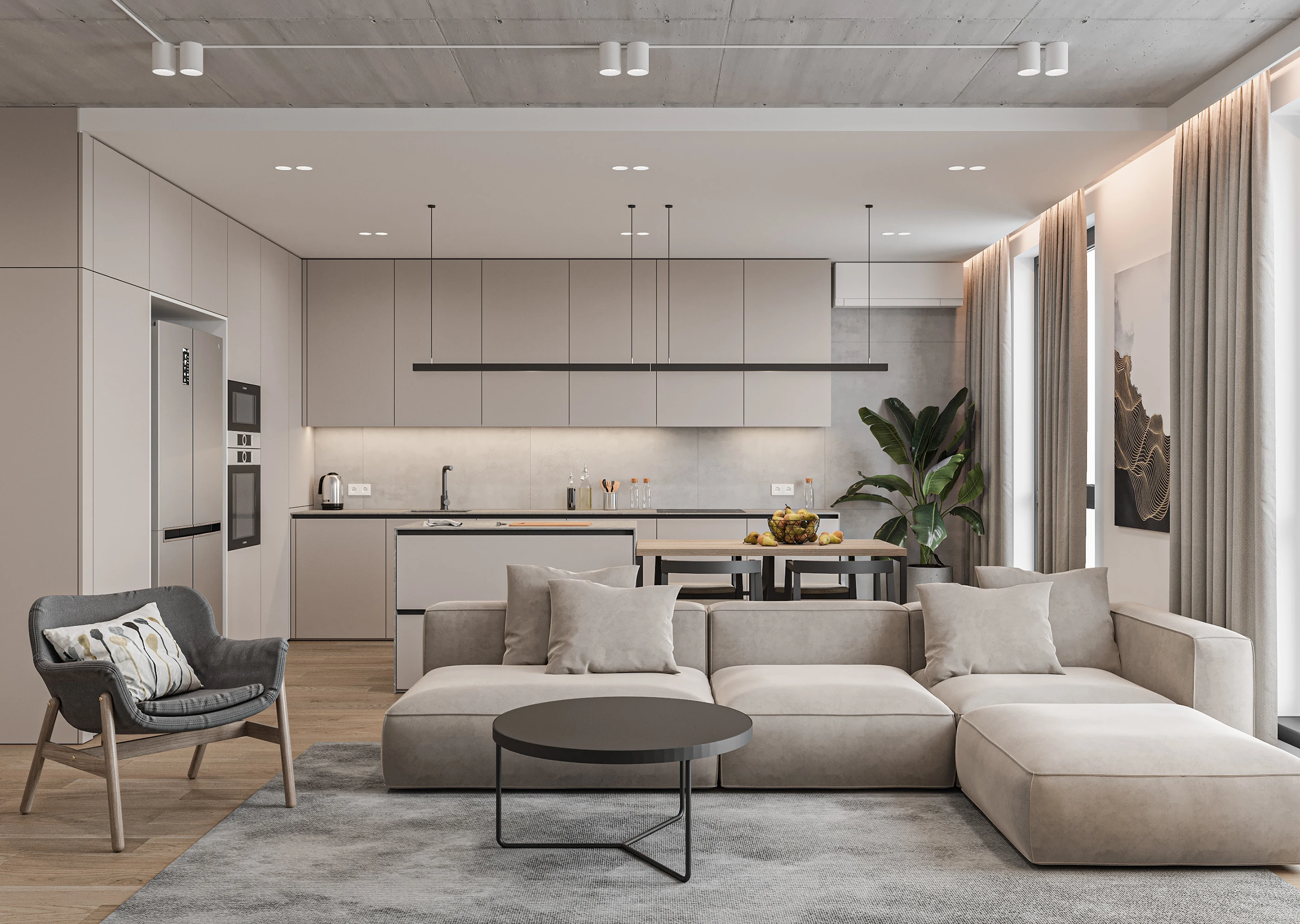 Không gian phòng khách liền bếp hiện đại với sofa beige, bàn trà đen và hệ tủ bếp tối giản.