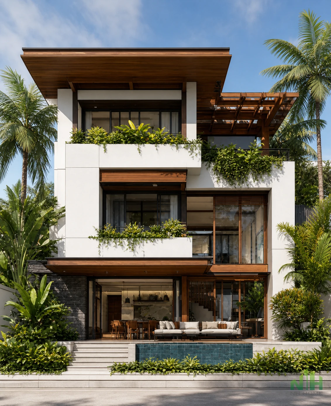 Phối cảnh biệt thự 3 tầng mái bằng với mảng kính lớn, ban công trồng cây, pergola gỗ và sân vườn xanh phía trước.