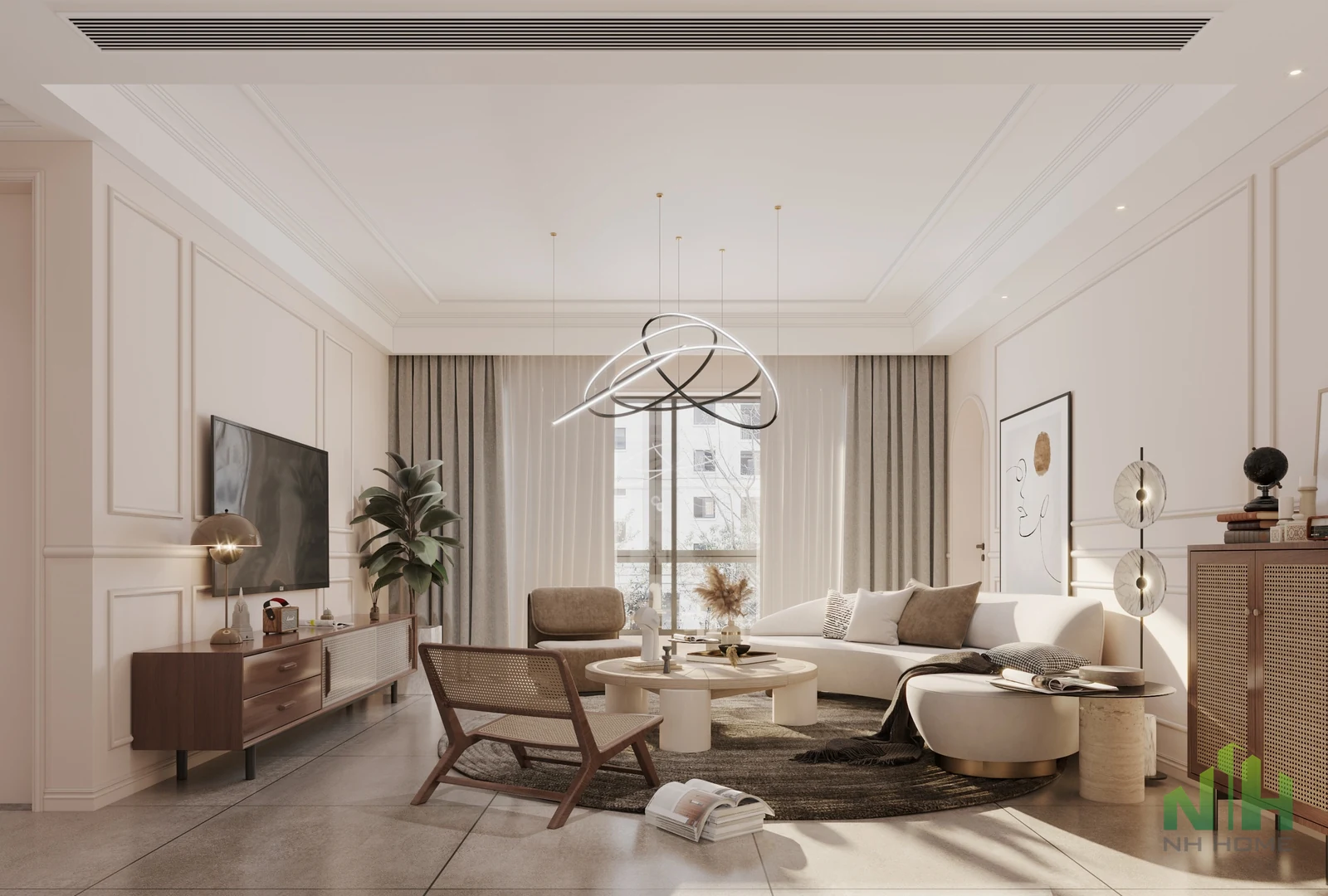 Phòng khách tân cổ điển tông kem với sofa trắng, kệ tivi gỗ, ghế mây và đèn thả nghệ thuật.