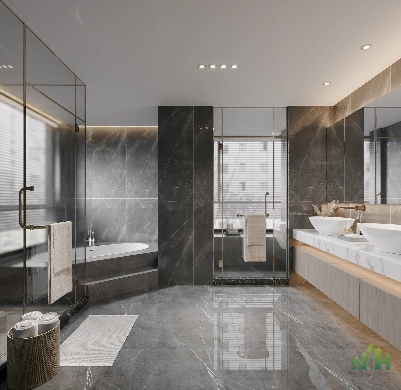Phòng tắm hiện đại ốp đá xám, có bồn tắm, khu tắm kính và bàn lavabo đôi.
