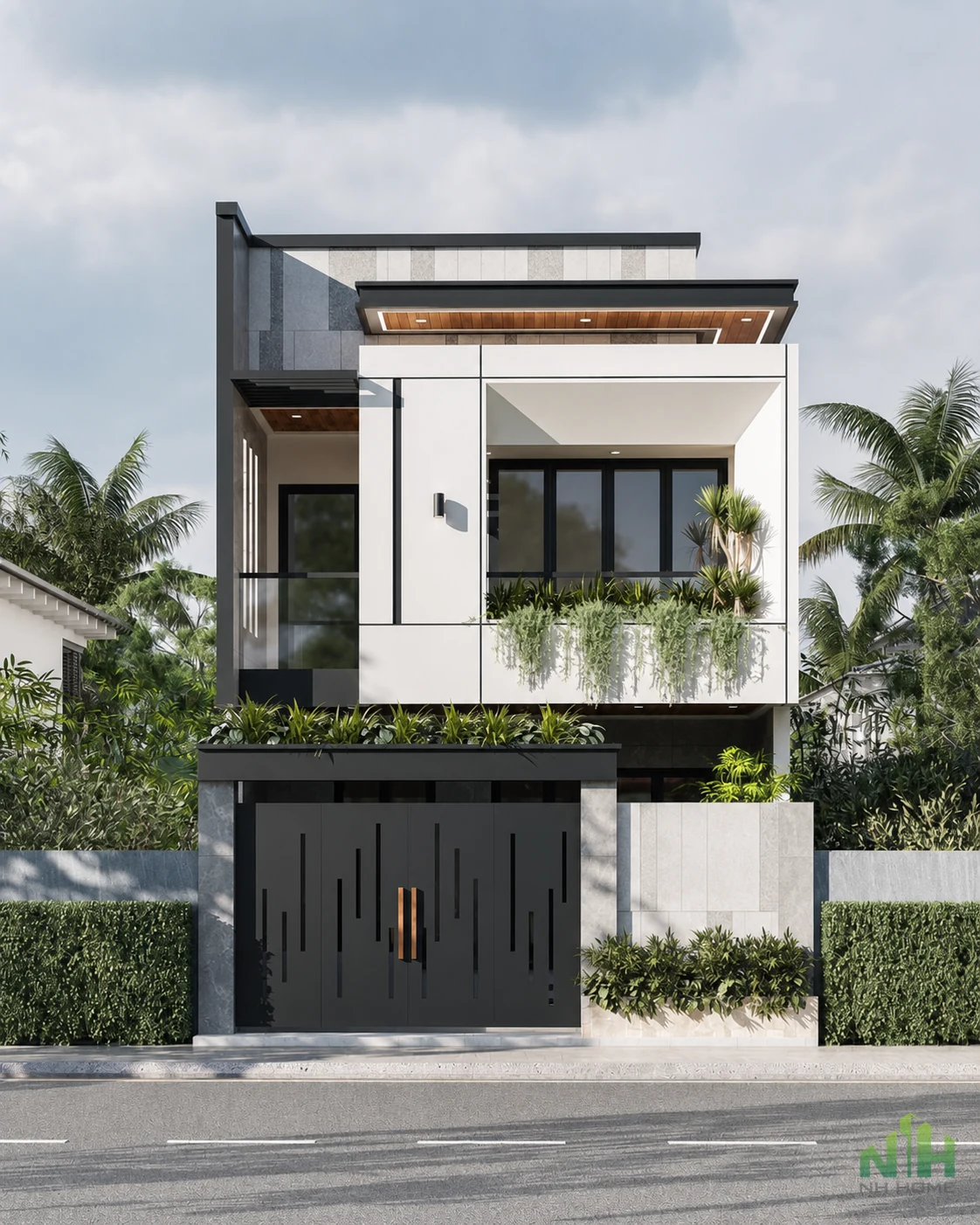 Phối cảnh mặt tiền nhà hiện đại với cổng đen, ban công nhiều cây xanh và hàng rào cây trước sân.