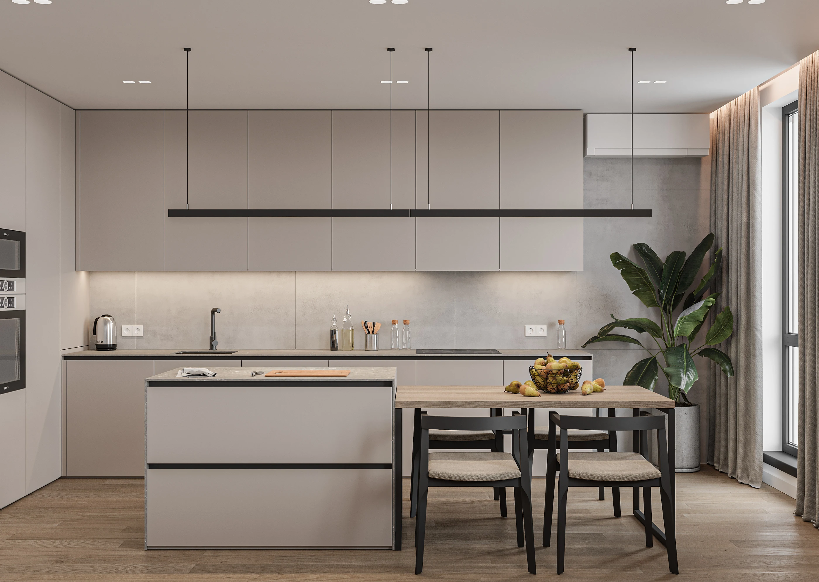 Không gian phòng bếp phong cách tối giản với tủ bếp màu beige xám, bàn ăn gỗ sồi kết hợp đảo bếp và cây xanh trang trí.
