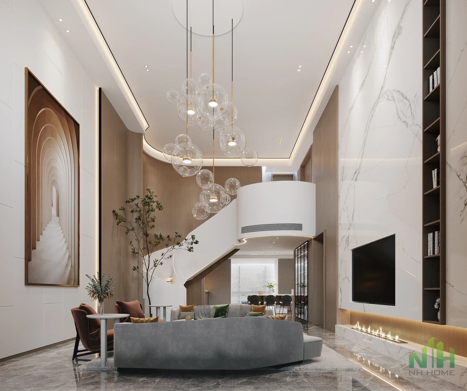 Phòng khách thông tầng hiện đại với sofa, cầu thang cong, tường TV ốp đá và đèn thả bong bóng.