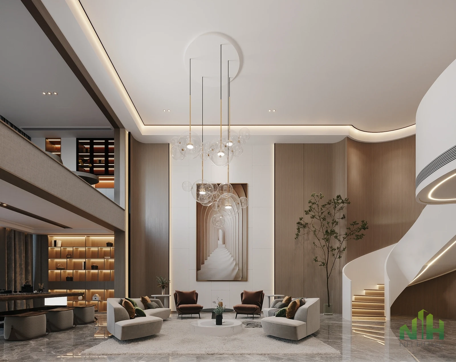Phòng khách thông tầng hiện đại với sofa cong, đèn thả thủy tinh và cầu thang xoắn trắng.