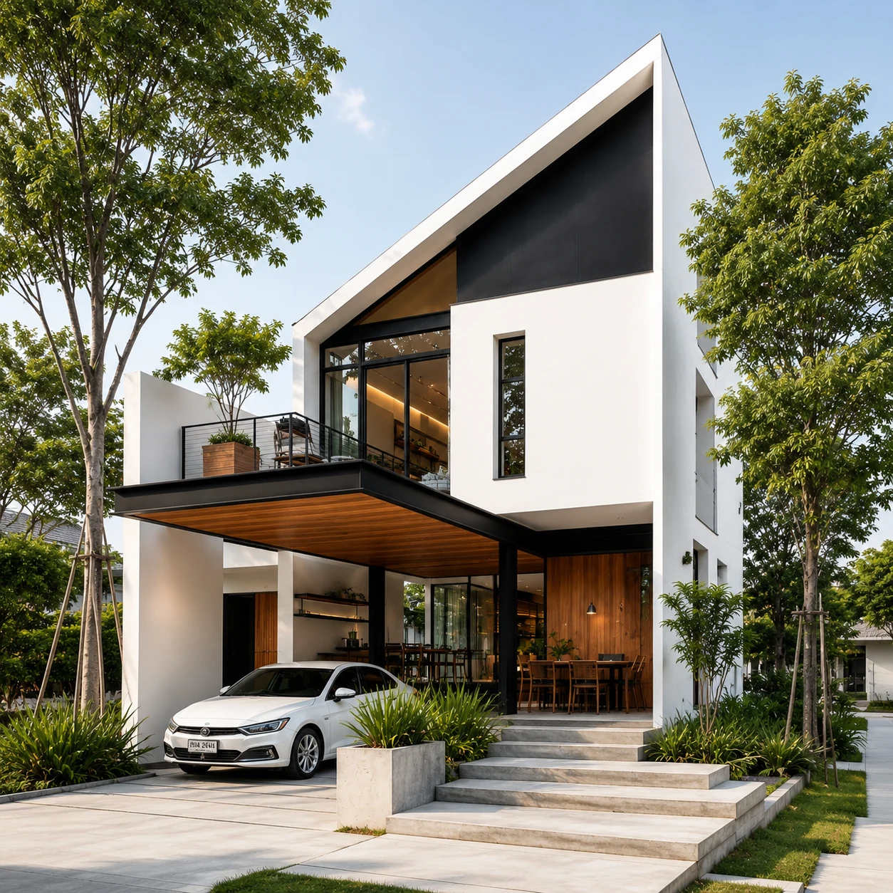 Bản vẽ ký họa phối cảnh biệt thự 2 tầng mái lệch hiện đại với mái che gara bằng gỗ, cửa kính lớn và sân vườn phía trước.