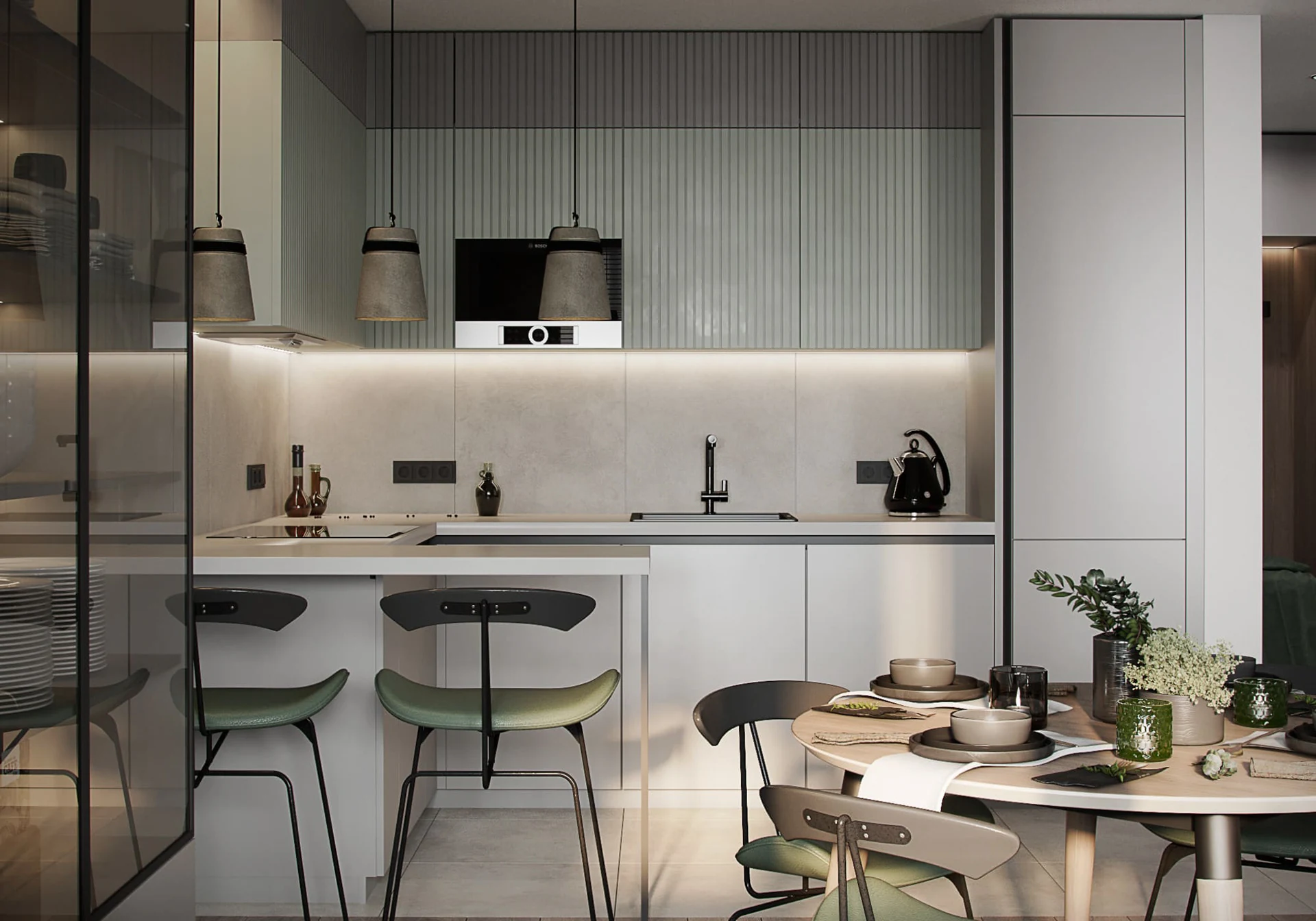 Phòng bếp hiện đại với tủ bếp màu xanh pastel, quầy bar nhỏ và bàn ăn tròn tiện nghi cho căn hộ.