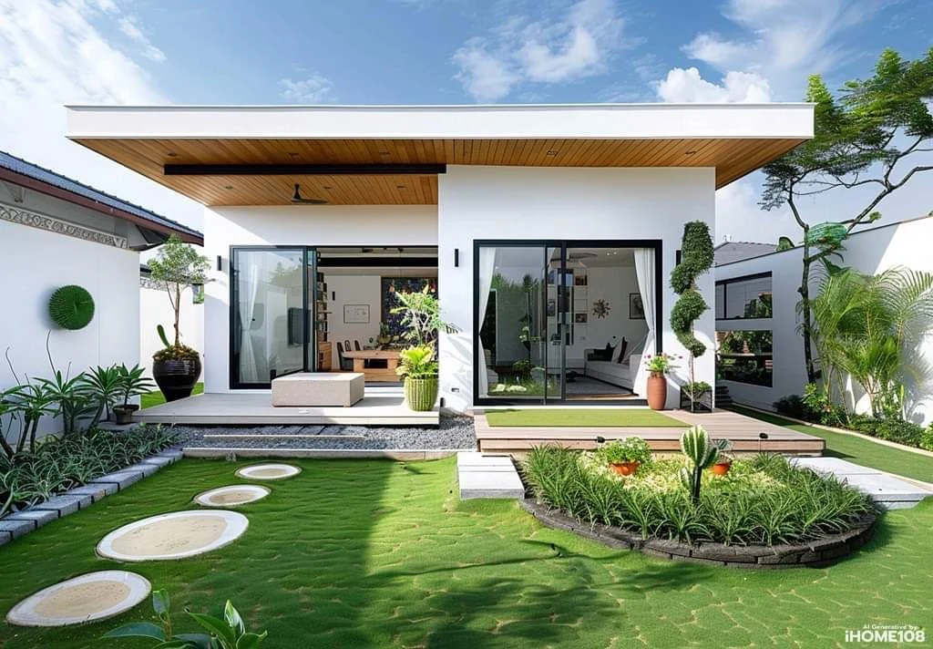 Phối cảnh nhà vườn 1 tầng mái bằng hiện đại với cửa kính lớn, hiên rộng và sân vườn xanh phía trước.