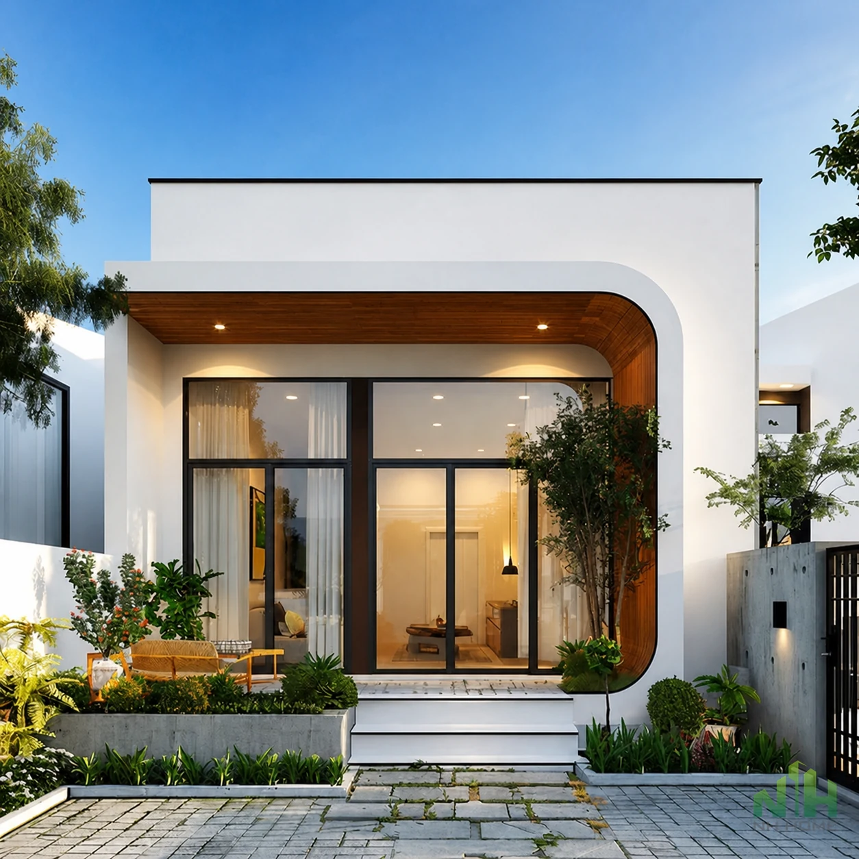 Phối cảnh mặt tiền nhà hiện đại với mảng bo góc ốp gỗ, cửa kính lớn, sân lát gạch và cây xanh phía trước.