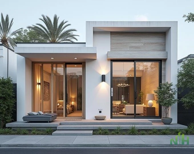 Biệt thự 1 tầng mái bằng hiện đại với cửa kính lớn, hiên trước và cây xanh hai bên mặt tiền.