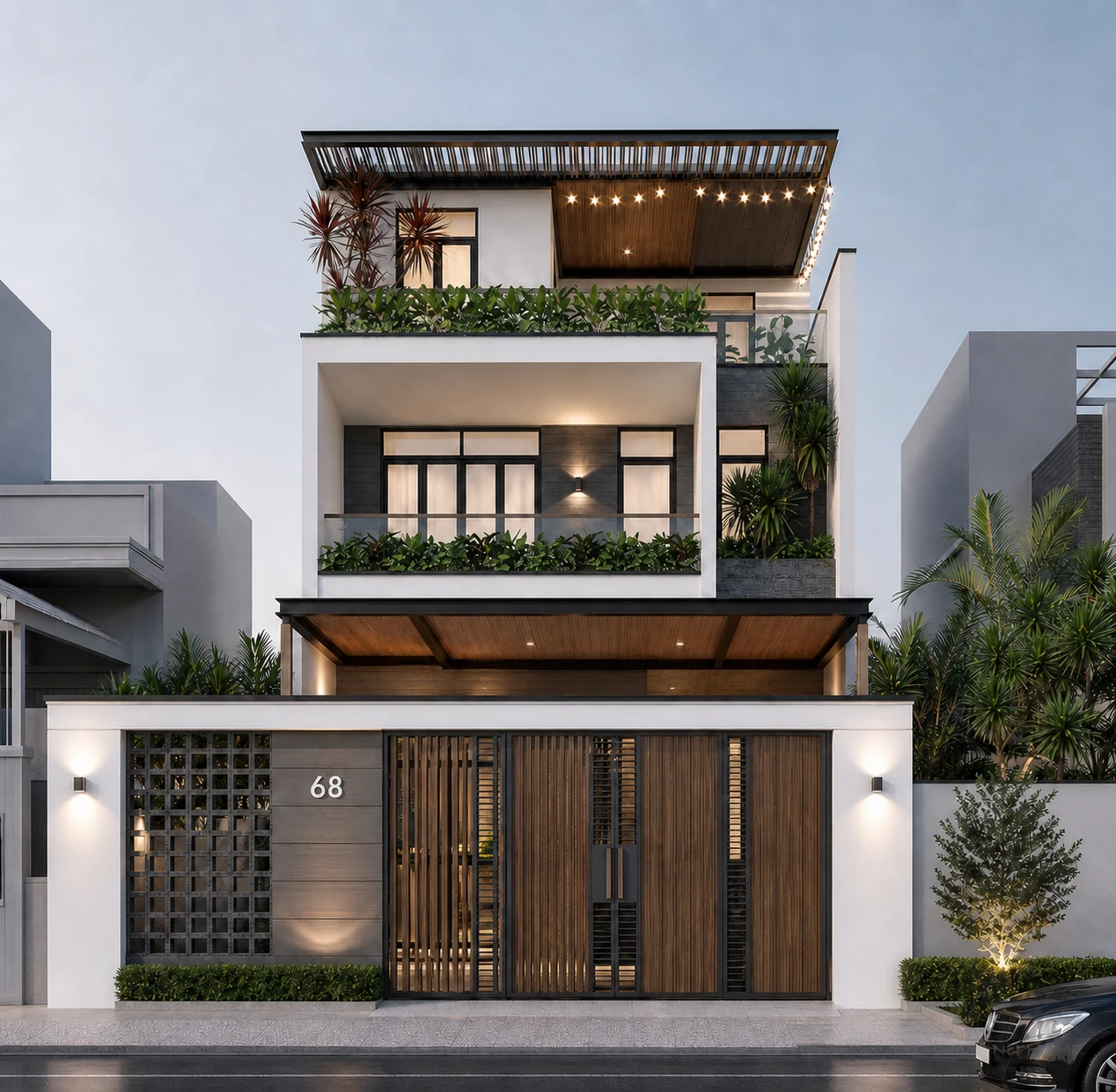 Phối cảnh mặt tiền nhà phố với các khối trắng, ban công nhiều cây xanh, sân thượng có mái lam và hệ đèn trang trí.