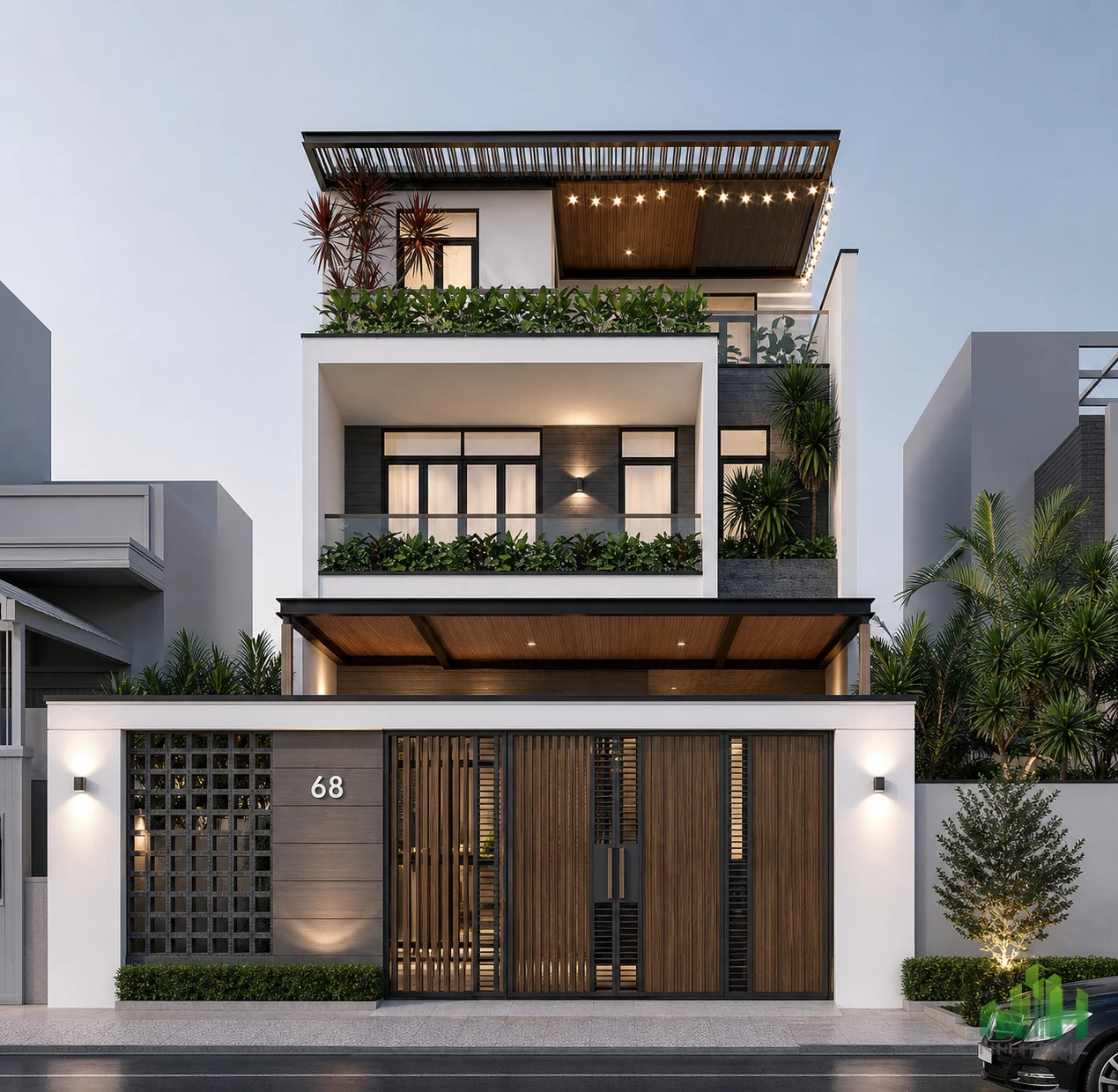 Phối cảnh mặt tiền nhà phố với các khối trắng, ban công nhiều cây xanh, sân thượng có mái lam và hệ đèn trang trí.