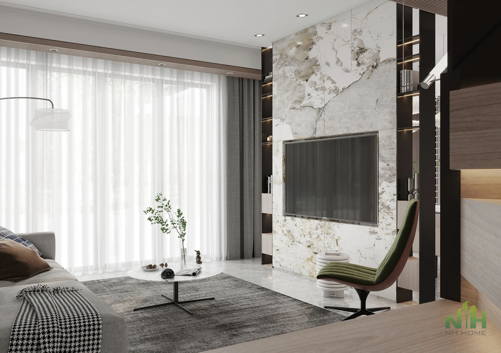 Phòng khách hiện đại với tường TV vân đá, rèm trắng lớn, sofa xám, bàn tròn và ghế thư giãn màu xanh.