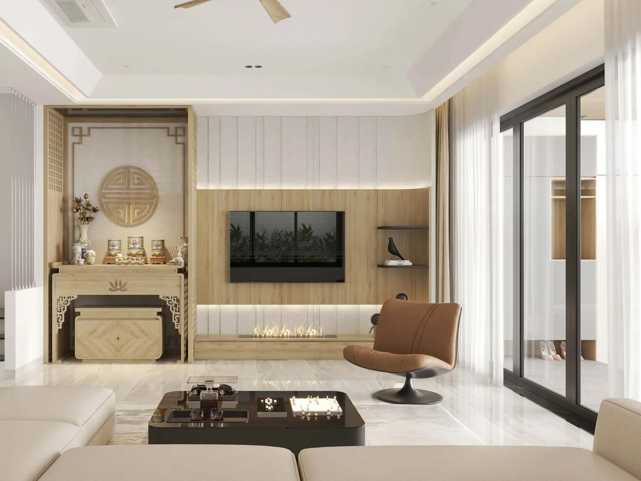 Phòng khách hiện đại với sofa màu kem, ghế da nâu, vách tivi ốp gỗ và khu vực bàn thờ gia tiên bằng gỗ sáng màu.