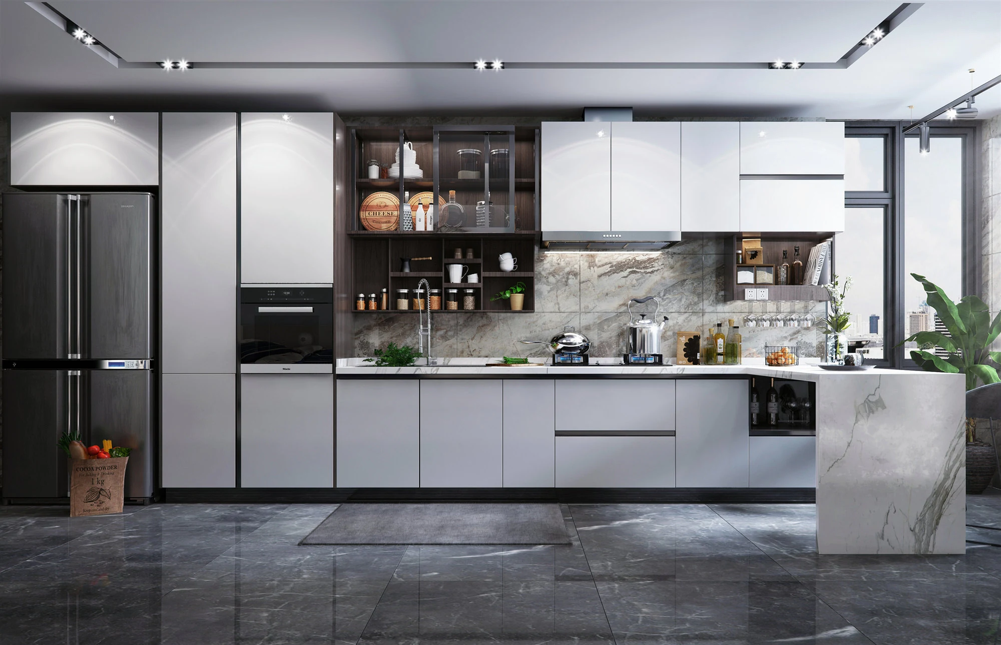 Phòng bếp hiện đại với hệ tủ bếp acrylic màu xám nhạt, mặt bếp và tường ốp đá vân mây sang trọng cùng sàn gạch bóng kiếng xám đậm.