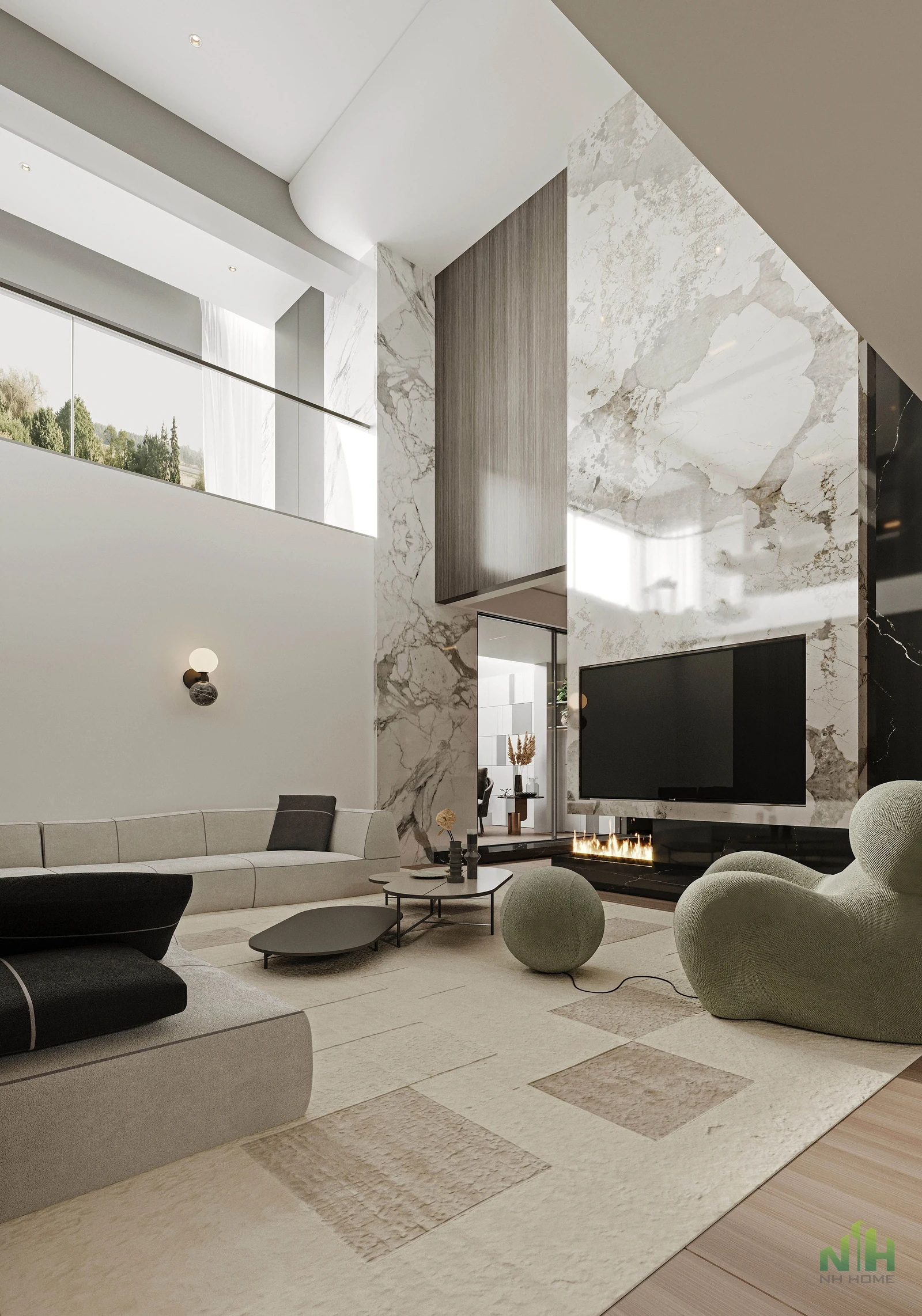Phòng khách hiện đại trần cao với vách TV đá marble, sofa trung tính, lò sưởi và cửa kính lớn.