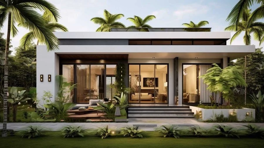 Biệt thự vườn 1 tầng mái bằng hiện đại với mặt tiền kính lớn, hiên rộng và nhiều cây xanh nhiệt đới bao quanh.