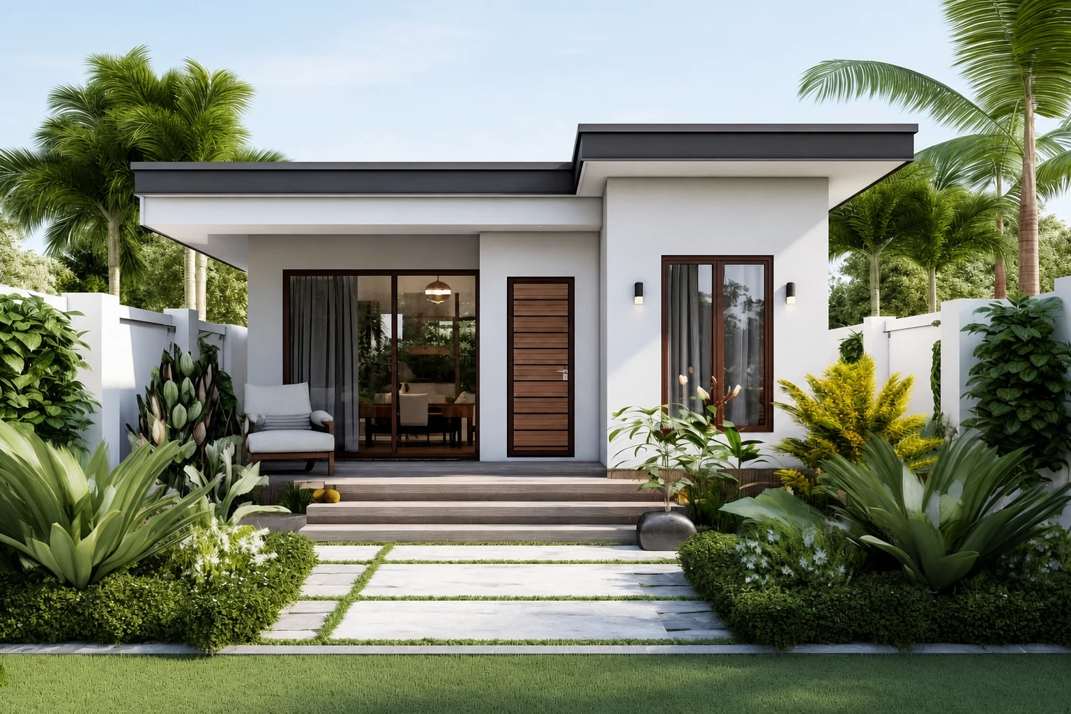 Phối cảnh nhà vườn 1 tầng mái bằng hiện đại, cửa kính lớn, hiên trước và sân vườn xanh nhiệt đới.