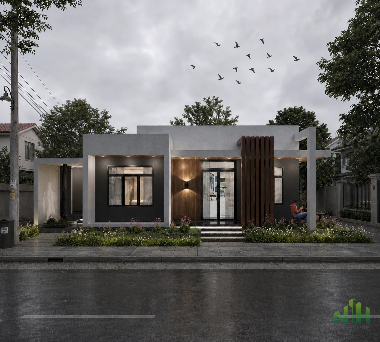Phối cảnh mặt tiền nhà hiện đại một tầng, sân lát rộng, cây xanh bao quanh và đàn chim bay trên nền trời.