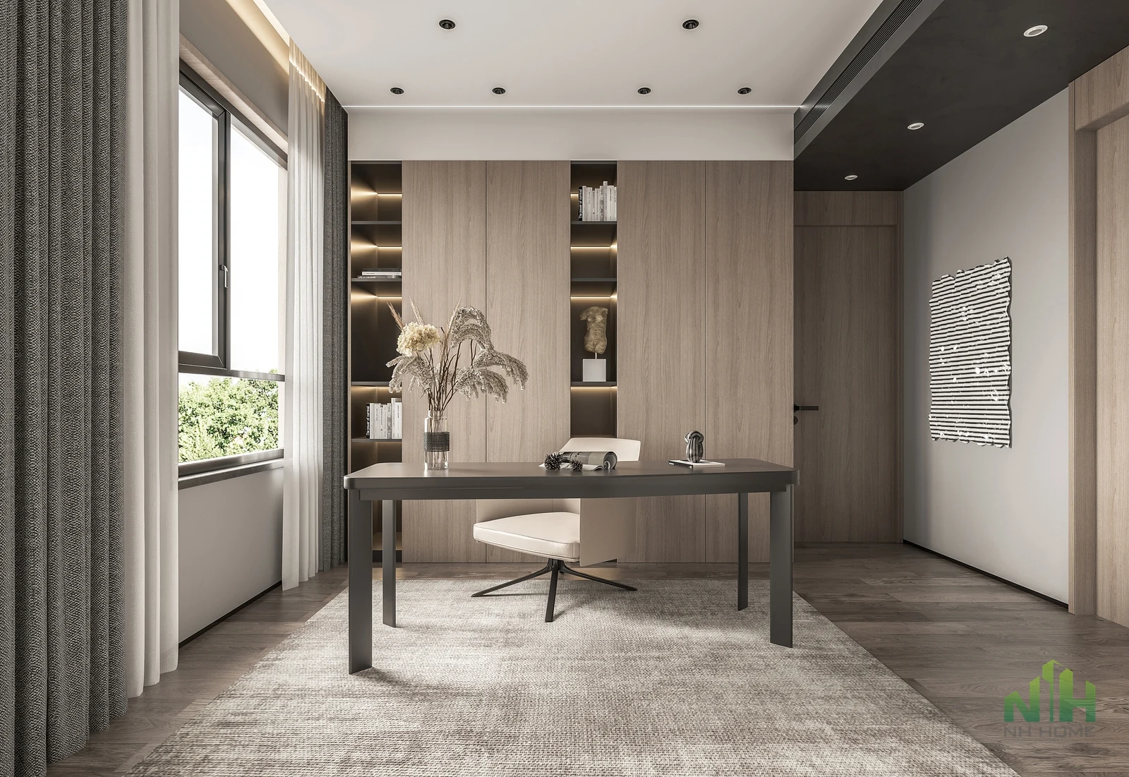 Phòng làm việc hiện đại với bàn lớn, ghế xoay, tủ kệ âm tường, cửa sổ có rèm và thảm sáng màu.