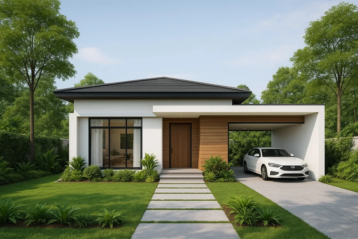 Nhà vườn 1 tầng mái Nhật hiện đại với cửa kính lớn, gara ô tô bên phải và sân vườn xanh phía trước.