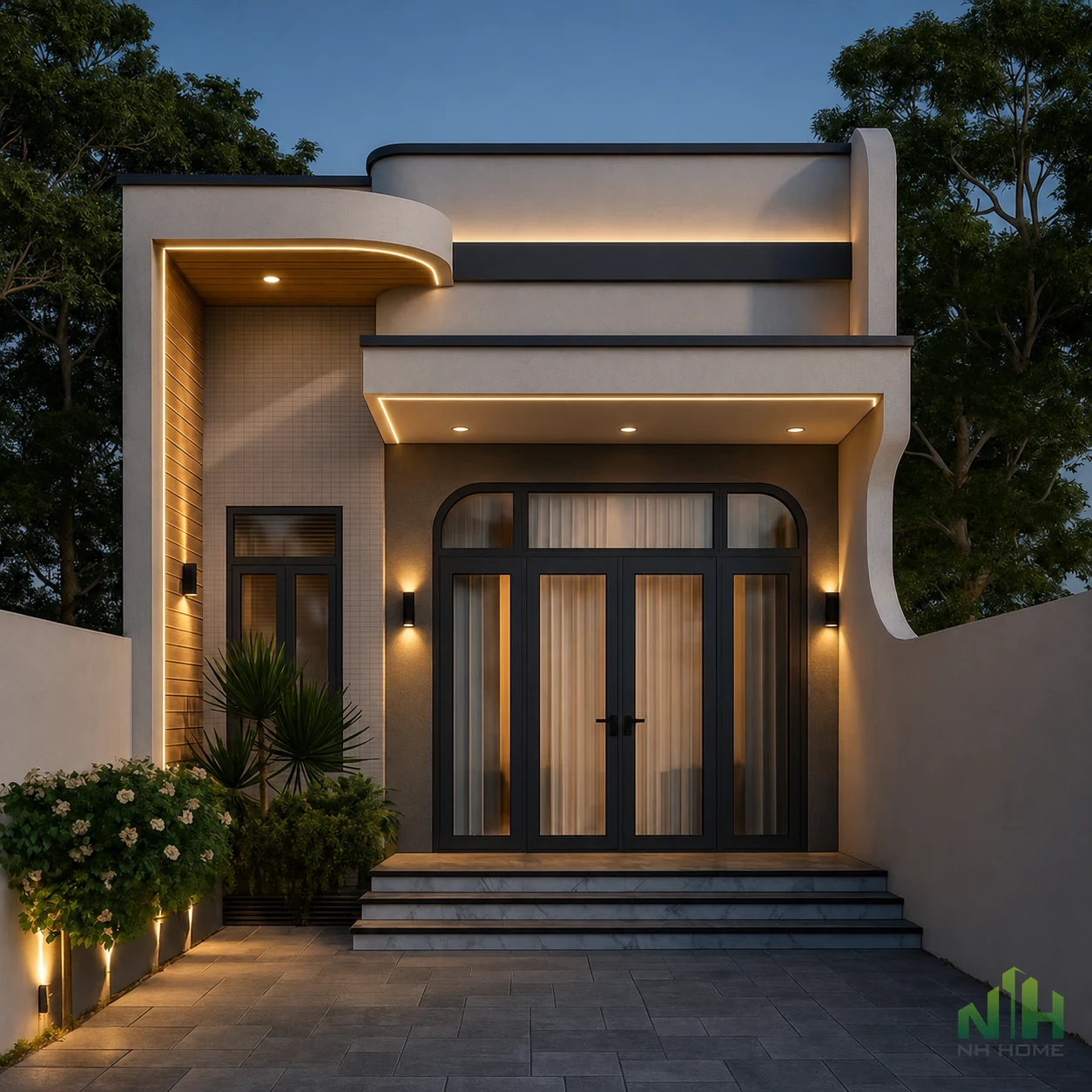 Mặt tiền nhà 1 tầng mái bằng hiện đại, cửa kính lớn, tường bo cong, đèn hắt và sân trước có cây xanh.