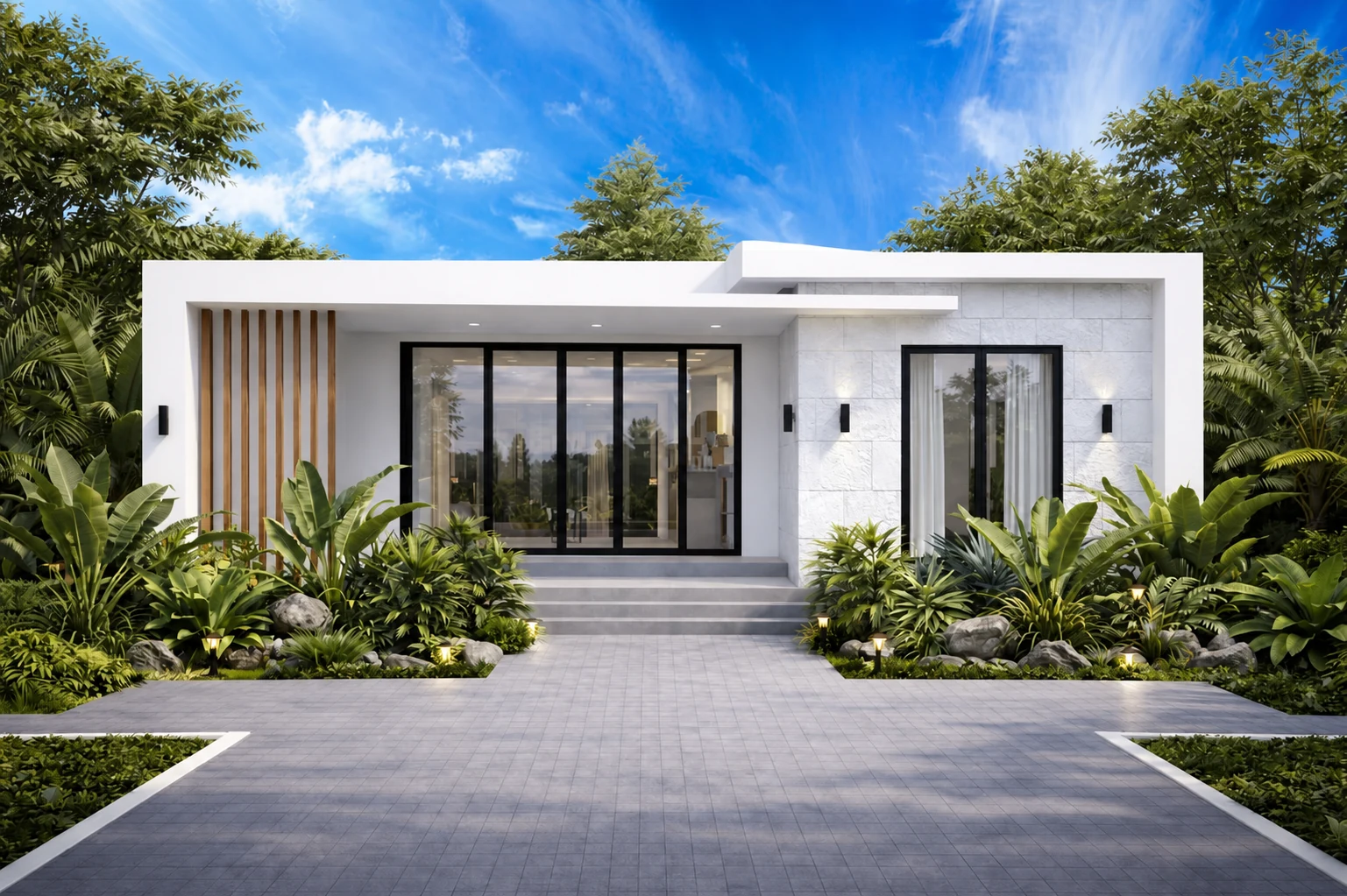 Nhà vườn 1 tầng mái bằng hiện đại, mặt tiền trắng với cửa kính lớn, lam đứng và cây xanh bao quanh.