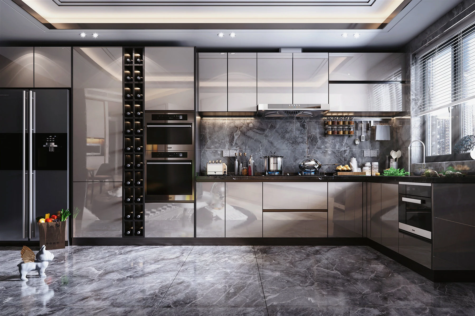 Thiết kế phòng bếp hiện đại với tủ bếp acrylic bóng gương màu xám, tường và mặt bếp ốp đá marble vân mây xám, sàn gạch bóng kiếng.